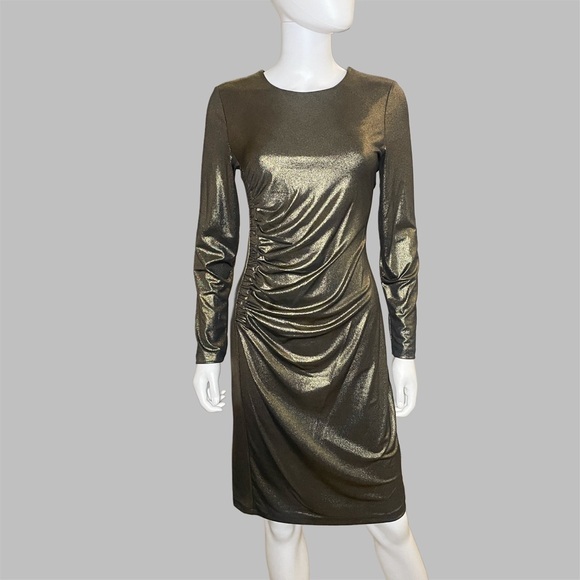 Tommy Hilfiger Black/Gold Metallic Shimmer‎ Ruched Long Sleeve Sheath Dress - Picture 1 of 8